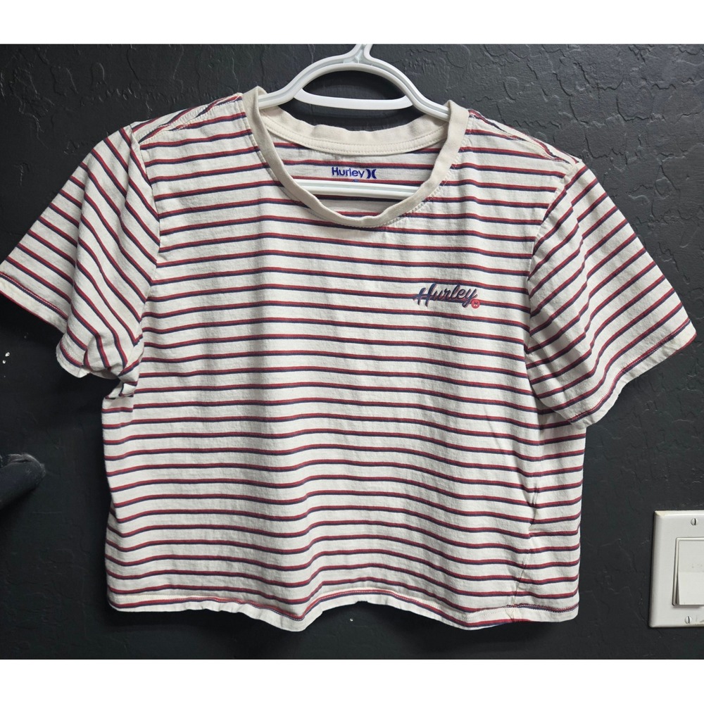 Hurley Womens‎ Striped Crop Top T-Shirt Navy Red White Cotton Size L